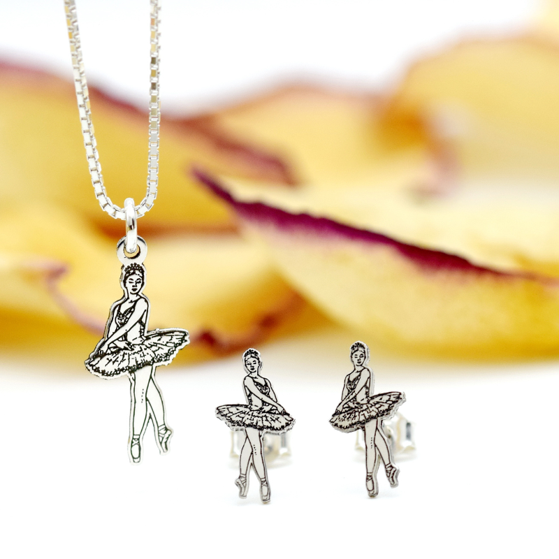 Set simbol lănțișor și cercei cu șurub Balerină / Dansatoare – Argint 925