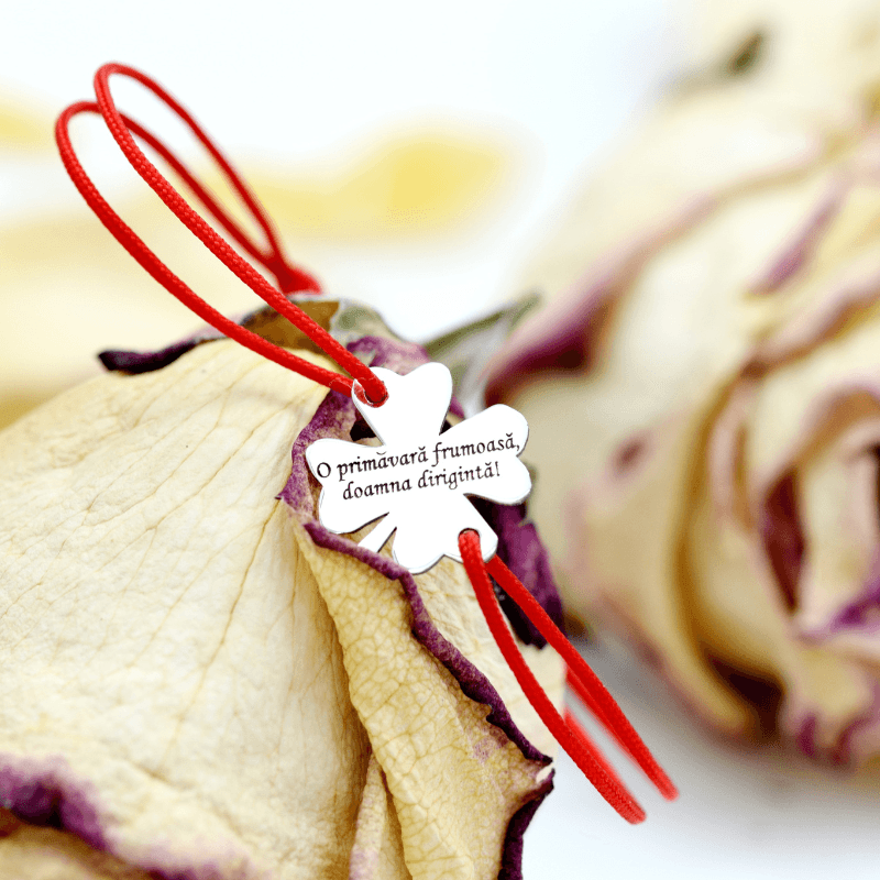 Brățară reglabilă simbol trifoi cu 4 foi personalizat O primăvară frumoasă doamna dirigintă - Argint 925