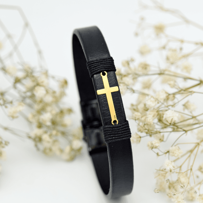 Bratara piele naturala cu simbol Cruce – Argint 925 suflat cu aur