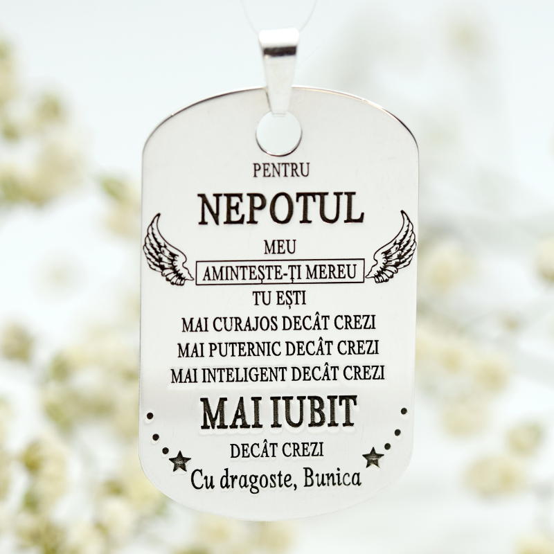 Plăcuță Army personalizată nepotul meu … Cu dragoste, Bunica – Argint 925