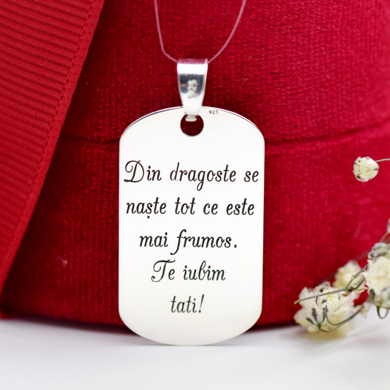 Plăcuță mini Army personalizată „Din dragoste se naște tot ce este mai frumos. Te iubim, tati”- Argint 925