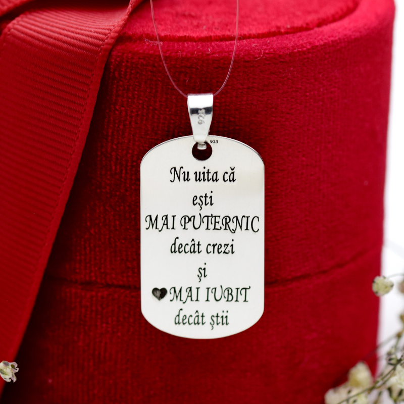 Plăcuță mini Army personalizată „Nu uita ești mai puternic decât crezi și mai iubit decât știi”- Argint 925
