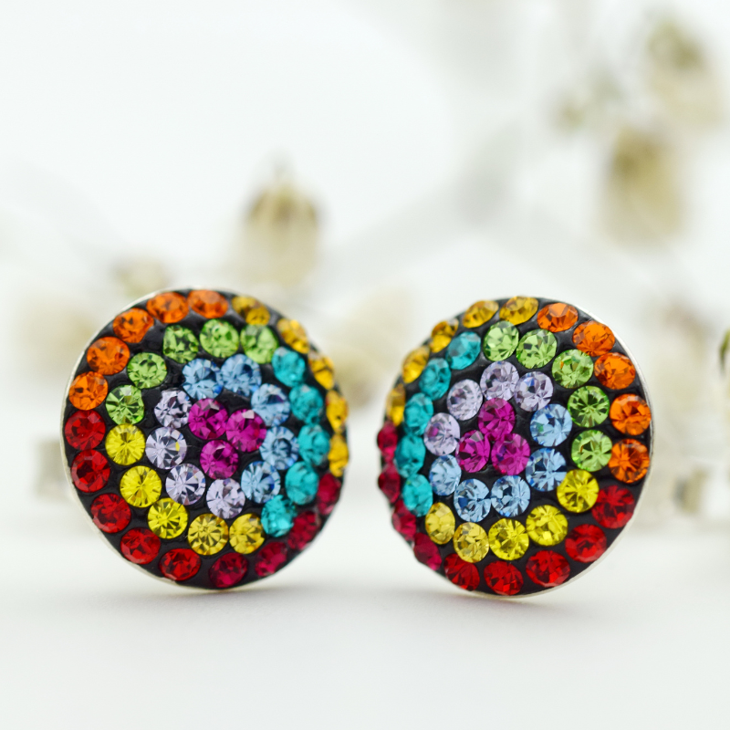 Cercei handmade cu surub Big Chaton Ball Curcubeu Rainbow – Argint 925