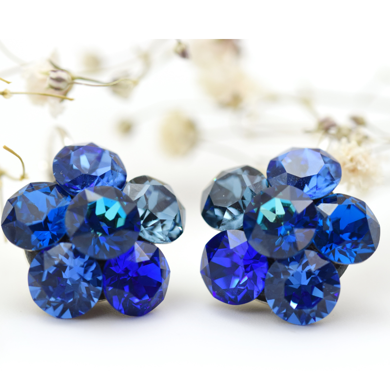 Cercei handmade Big Chaton Swarovski Flower Electric Blue - Argint 925
