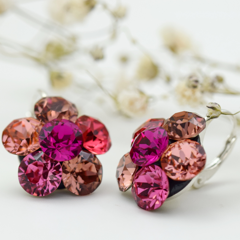 Cercei handmade Big Chaton Swarovski Flower Rosé Bloom - Argint 925