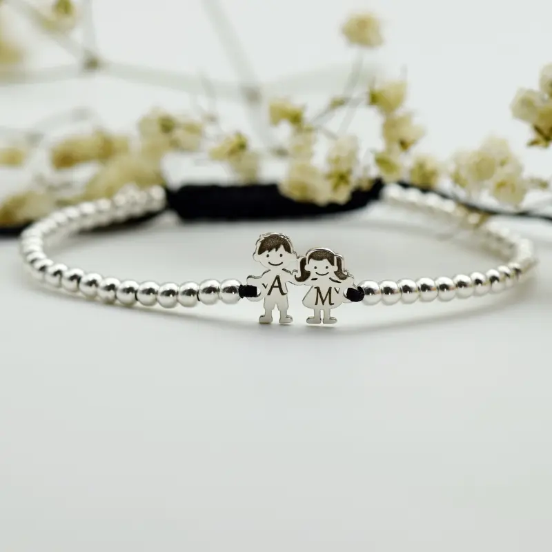 Brățară reglabilă personalizată – simbol Fetiță și Băiețel / El și Ea 2 membri – Argint 925