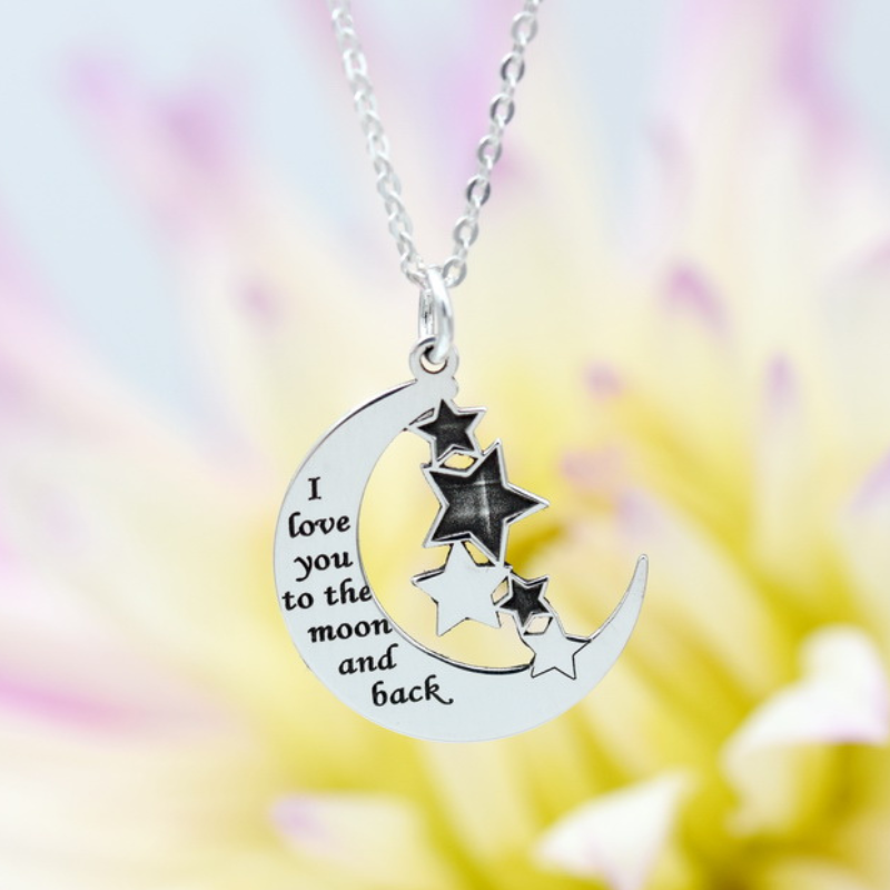 Lănțișor personalizat simbol Lună și Steluțe – I love you to the moon and back – Argint 925
