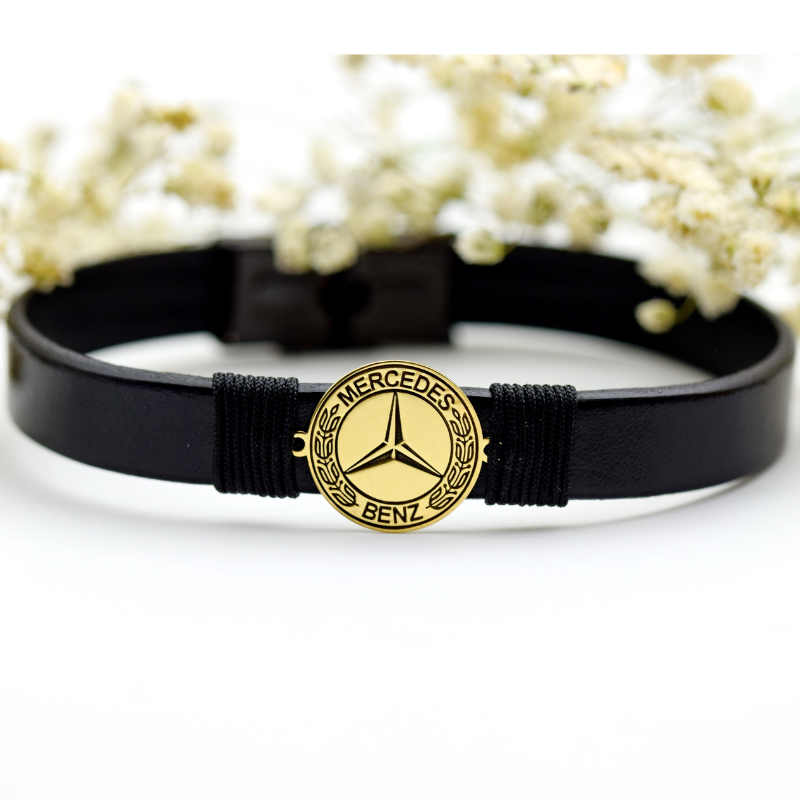 Brățară din piele naturală simbol Mercedes – Argint 925 suflat cu aur