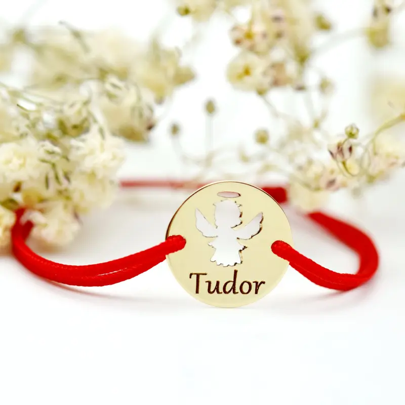 Brățară reglabilă cu bănuț personalizat nume si decupaj Îngeraș - Aur de 14K