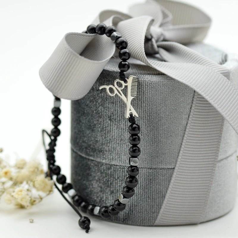 Brățară reglabilă onix și hematit cu pandantiv Hairstylist Argint 925 – Cadou pentru stilist