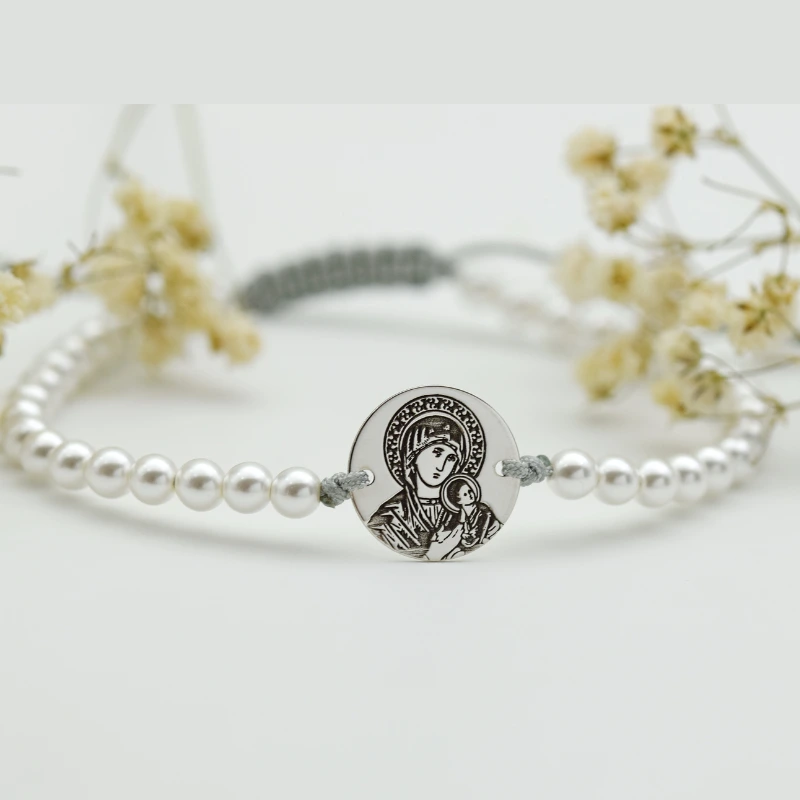 Brățară reglabilă cu perluțe și medalion Maica Domnului – Argint 925