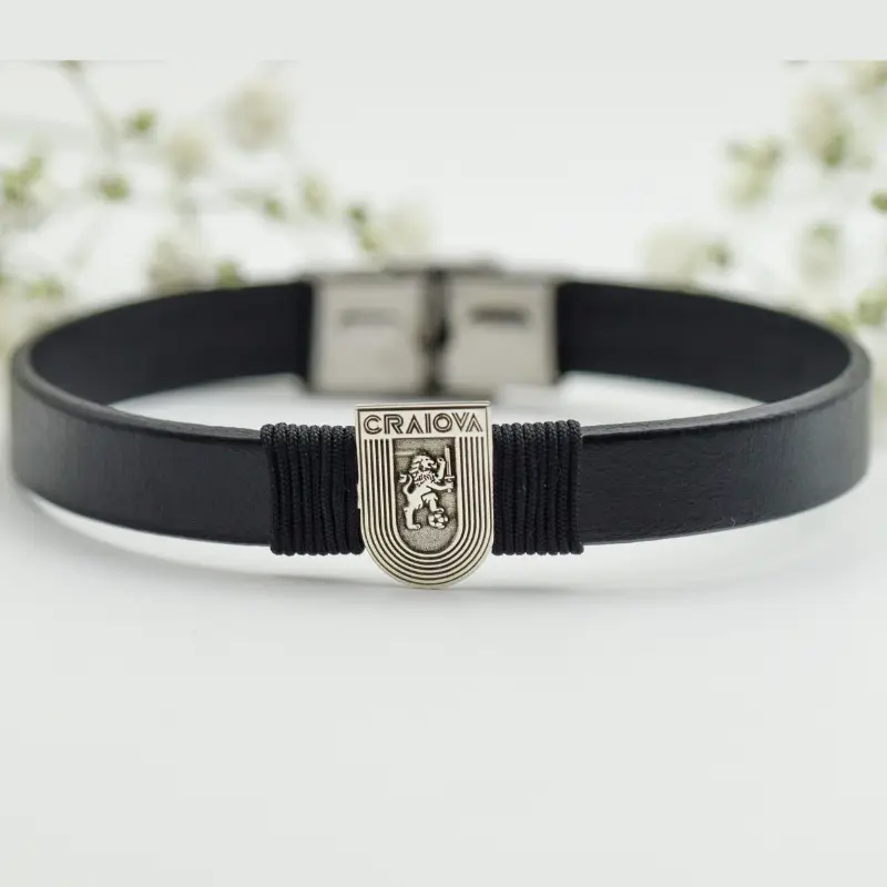 Brățară din piele naturală cu simbol Echipa preferata CS Universitatea Craiova - Argint 925