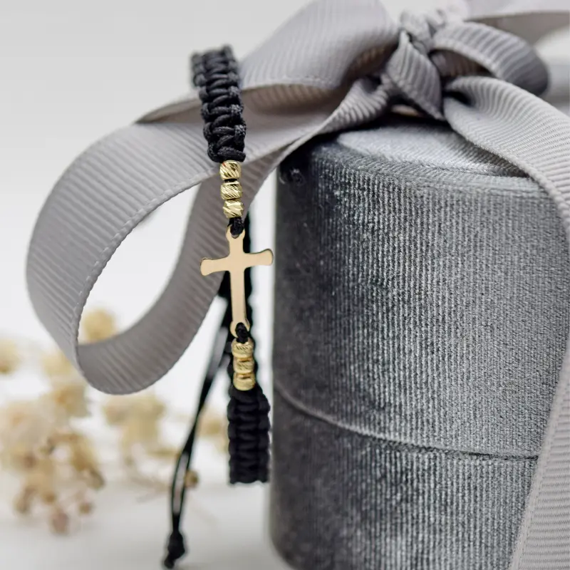 Brățară reglabilă cu simbol cruce / cruciuliță și biluțe - Aur 14K